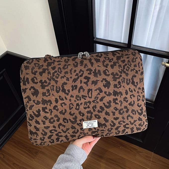 Leopard Print Laptop Case 11, 13,15 Inch Quilted Laptop Sleeve Soft Protective Cheetah Computer Sleeve for MacBook (Coffee, with Strap, 15 Inch)