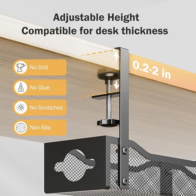 DELAMU 25'' Upgraded No Drilling Under Desk Cable Management Tray, Black | Under Desk Cable Management, Extra-Long, No Tools Required Installation, Height-adjustable, Home Office Gaming Accessories