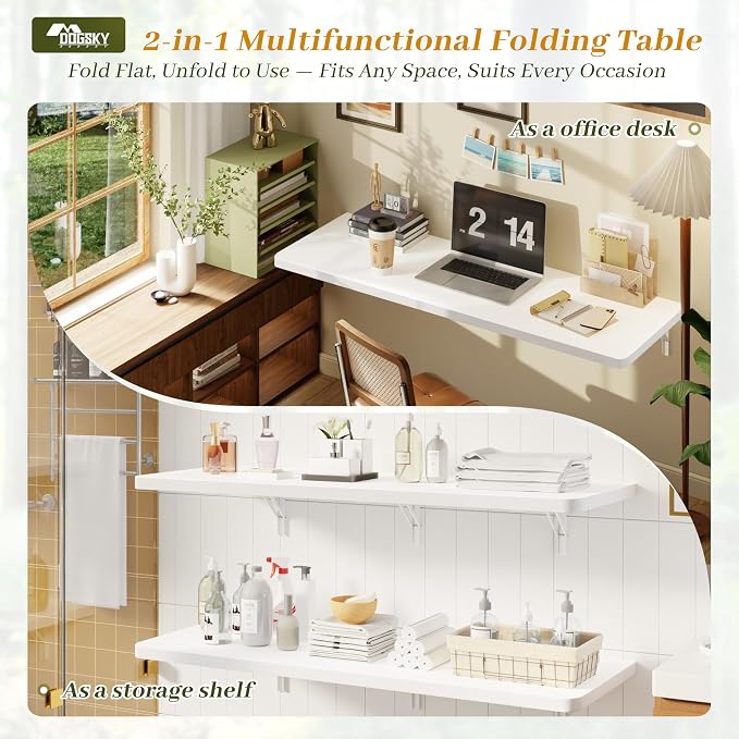Dogsky 48" x 16" Floating Wall Desk, Fold Down Wall Table - 300 lbs Heavy Duty Solid Pine Wall Mount Folding Desk for Home Office, Laundry Room, Kitchen & Small Apartment, White