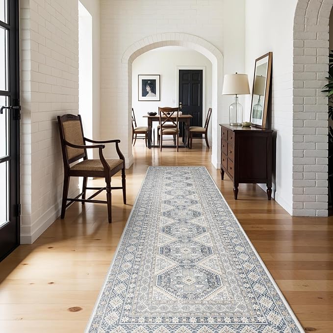3x12 Runner Rug Kitchen Washable:Oriental Indoor Hallway Runners with Non Slip Backing Floor Mat for Entryway Door Low Pile Thin Carpet for Bedroom Bathroom Living Room Bedside (Blue, 3x12)