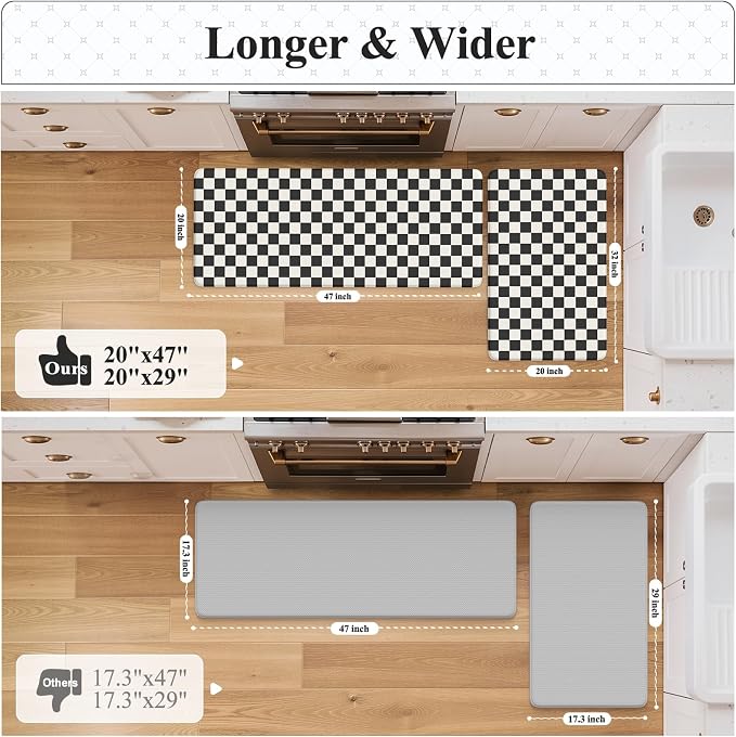 KIMODE Anti Fatigue Kitchen Mat for Floor,Black and White Plaid Kitchen Rug | Farmhouse Kitchen Rugs Sets of 2,Cushioned Kitchen Floor Mats,Non Slip Standing Desk Mat for Sink Laundry 20"x47"+20"x32"