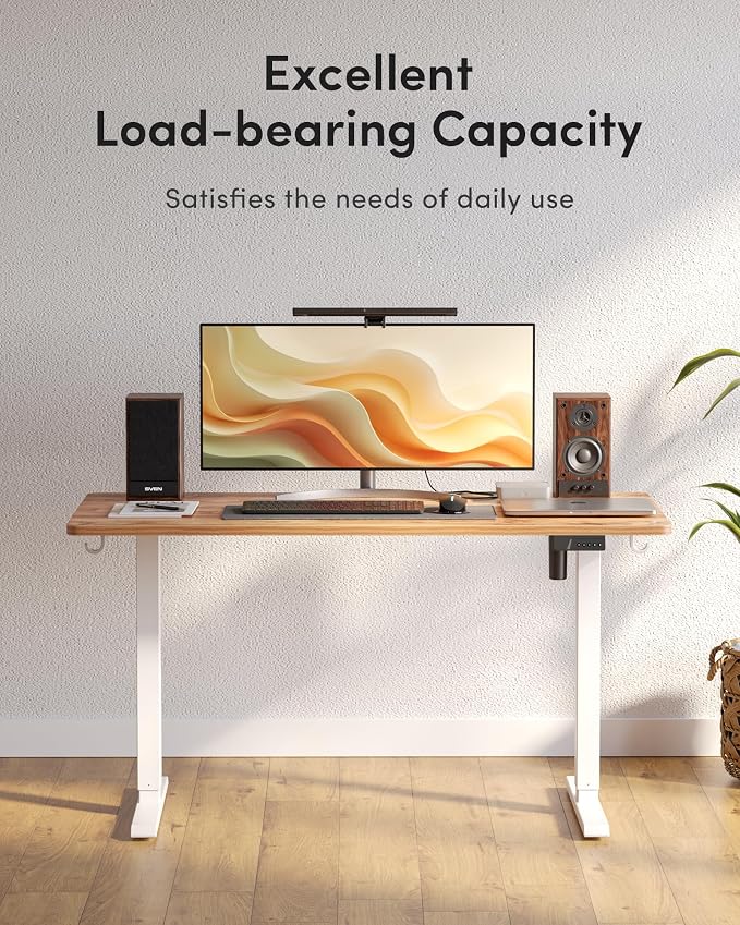 DESINO Standing Desk, 63 × 28 Inches Electric Height Adjustable, Sit and Stand Up, Computer Office Desk with Splice Board, White Frame/Light Rustic TOP