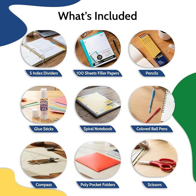 EPI Essentials Back to School Supplies for Kids 7th-12th Grade – 54 Items in Kit – High School Supply Packs – College-Ruled Bundle with Folders & Binders – Suitable for Homeschooling