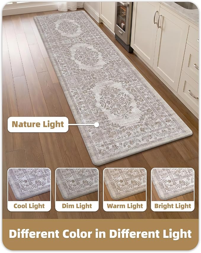 Color&Geometry Kitchen Floor Mat 24x59 Faded Vintage Anti Fatigue, Khaki | 0.4in Cushion Standing Mat For Cooking/Working/Laundry, Boho Decor, Non Slip PVC Kitchen Rug, Oil/Water Proof, Anti Slip