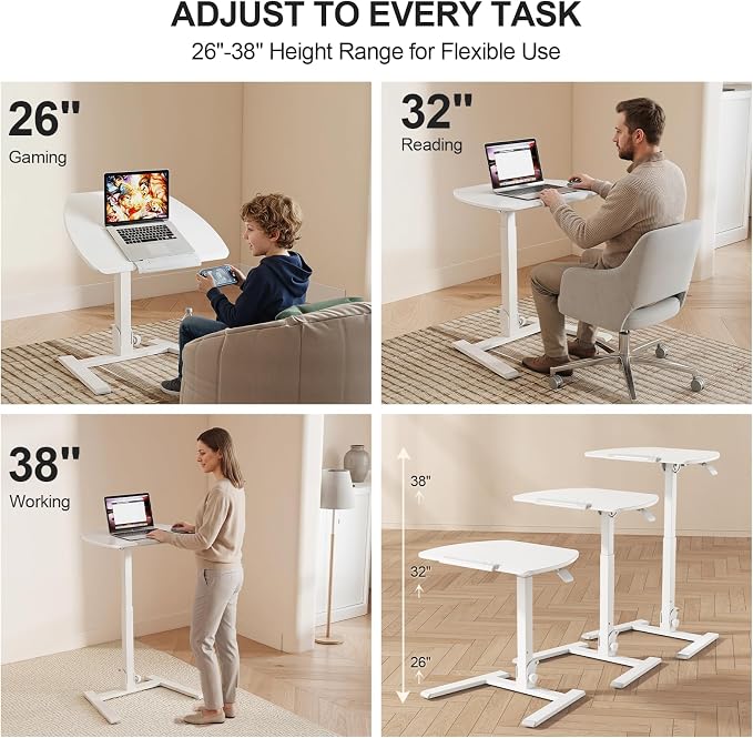 ROMOON Folding Small Standing Desk with Wheels, No-Assembly Portable Sit-Stand Laptop Cart, Adjustable Height Rolling Space Saving Workstation for Home Office, Small Space (White)