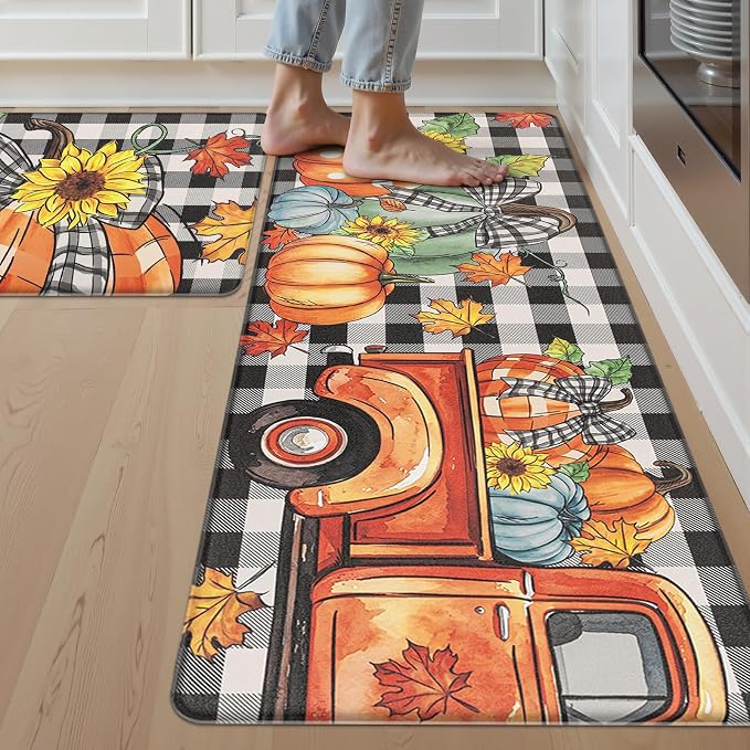 SHACOS Anti Fatigue Fall Kitchen Rugs Set of 2 Pumpkins and Sunflower | Waterproof Non Slip Cushioned Comfort Kitchen Floor Mats Harvest Autumn Black White Checkered Farmhouse Mat 17x27.5+17x47"