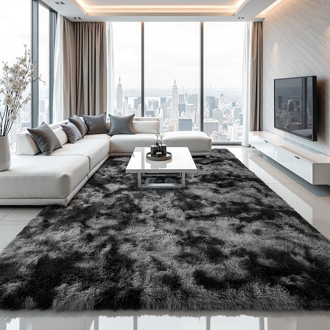 Zentavio Black and Grey Area Rugs for Living Room Large Men Room Carpet 9x12 Bedroom Fluffy Furry Shag Aesthetic Plush High Pile Floor Rug for Kids Room Dorm Home Decor Gray