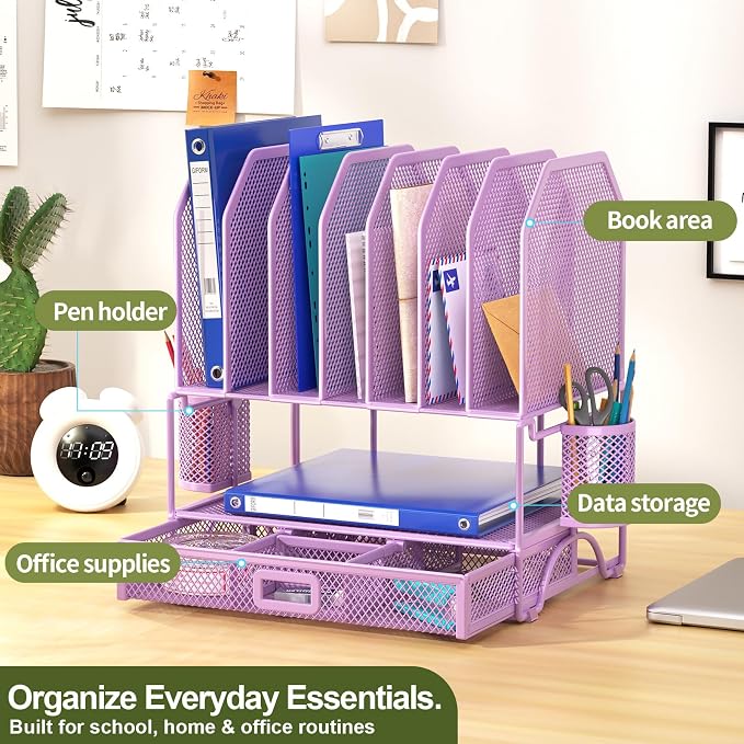 FANXIYQ Metal Desk Organizer with Sliding Drawer, 7-Section File Organizer for Desk, Desktop File Folder & Paper Organizer with 2 Hanging Pen Holders, Office Supplies Organizer, Purple
