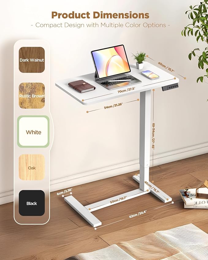 28"x 16" Electric Overbed Table, Rolling Laptop Desk for Bed, White | Height Adjustable Bedside Desk with Hidden Wheels, Mobile Standing Desk for Sofa, Home Office & Hospital Use