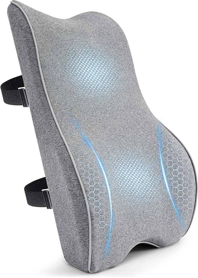 Plush Comfortable Memory Foam Lumbar Support Pillow - Soft Back Cushion for Office Chair, Car Seat, Gaming Chair - Ergonomic Lower Back Pain Relief with Adjustable Straps & Washable Cover-Grey