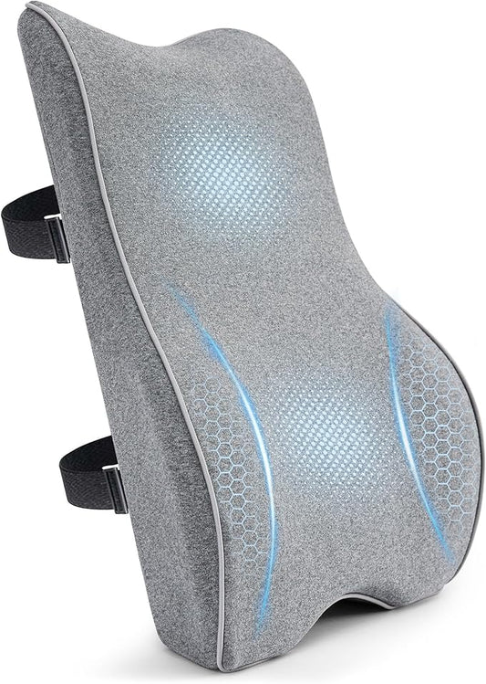 Plush Comfortable Memory Foam Lumbar Support Pillow - Soft Back Cushion for Office Chair, Car Seat, Gaming Chair - Ergonomic Lower Back Pain Relief with Adjustable Straps & Washable Cover-Grey
