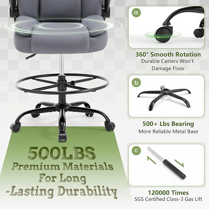 500LBS Drafting Chair, High Back Safer Standing Desk Chair, Executive Tall Office Chair with Flip-up Armrests, Upholstered PU Leather Task Chair, Ergonomic Seat with Adjustable Height&Foot Ring, Grey