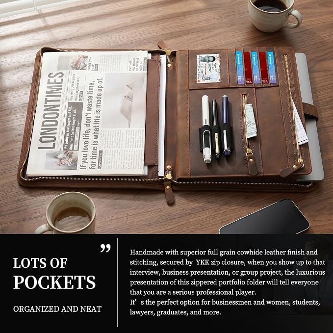 Gexmil Leather Portfolio Organizer for Women Men, Business Padfolio Folder with Zipper, Full Grain Leather,Interview Legal Document File Resume Organizer, A4 Writing Notepad Padfolio, Dark Brown