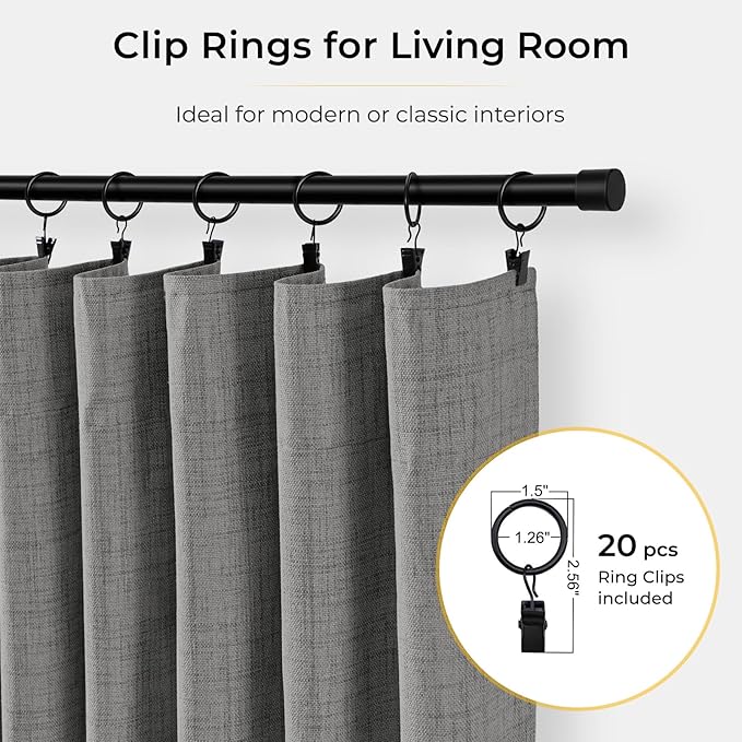 INOVADAY 100% Blackout Curtains for Bedroom, Dark Grey Black Out Curtains 84 Inch Long, Clip Rings Linen Blackout Drapes, Thermal Insulated Room Darkening for Living Room, 2 Panels - W50xL84