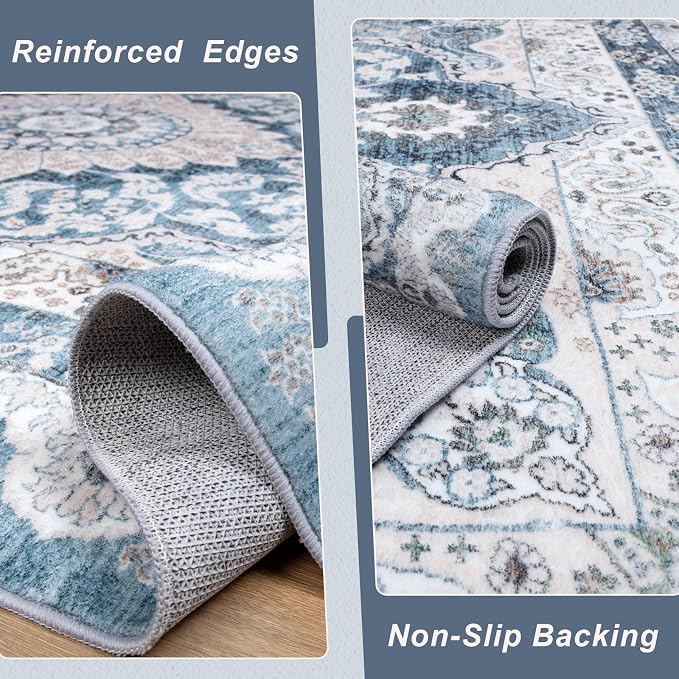Macgace 3x5 Area Rug for Bedroom, Machine Washable Rugs with Non-Slip Backing for Living Room, Soft Vintage Carpet Kitchen Laundry Kids Room Decor, Blue & Beige