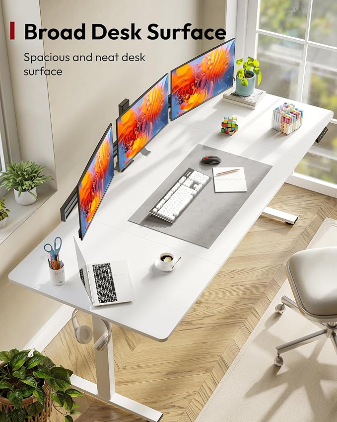 SANODESK Electric Standing Desk, 79 x 32'' Height Adjustable Sit Stand Desk with Large Splice Board Desktop Ergonomic Memory Presets Computer Workstations for Home Office, White Frame/White Top