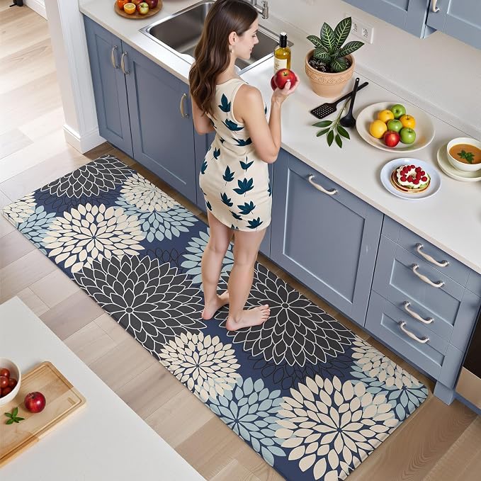 KIMODE Kitchen Mats for Floor Anti Fatigue Cushioned Long Kitchen Rugs | 24"x71"Blue, Floral,Farmhouse,Waterproof Kitchen Mat ,Comfort Standing,Wipe Clean,Kitchen Runner Rug Laundry Sink Floor