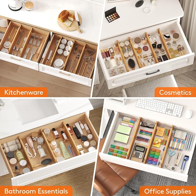 Lifewit 4" High 8 Pack Bamboo Drawer Dividers 43-54cm/17-21.5" Adjustable Wooden Drawer Organizer for Clothes/Utensils, Expandable Drawer Separator for Dresser/Kitchen/Bedroom/Office Organization