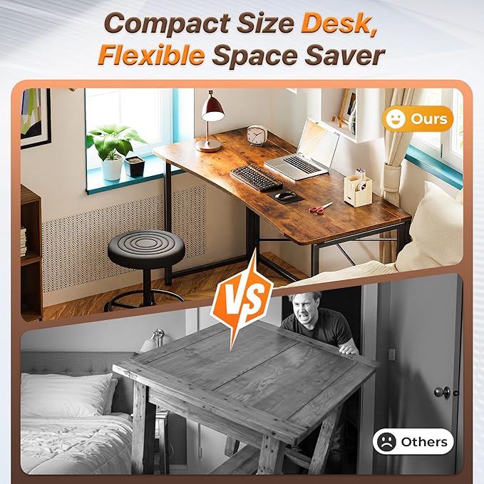 Huuger Folding Desk for Small Spaces, 47.2 Inch Foldable Computer Table, for Home Office, Study, Bedroom, Dorm, Space Saving, Small Writing Work Office Computer Desk, Easy to Fold, Rustic Brown