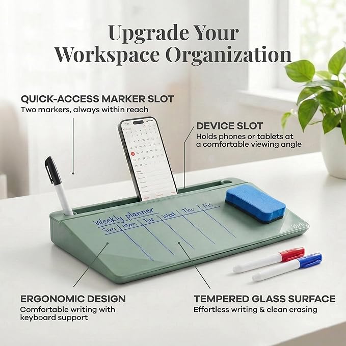 Birch Small Desktop Glass Whiteboard & Magnetic Calendar – Dry Erase Desk Pad Keyboard Stand with Storage, Adjustable Dividers, 3 Markers & Holder – Office, Home & School (Moss)