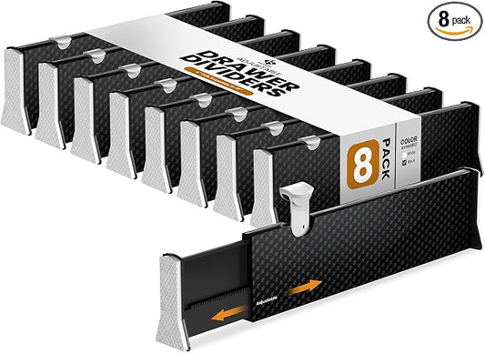 RAPTUROUS Adjustable Drawer Dividers 8 Pack, 4” High, 11-17” Long, Dresser Drawer Organizer for Bedroom, Closet, Kitchen, Nursery, Office, Strong Hold, Soft Foam Edges, Black