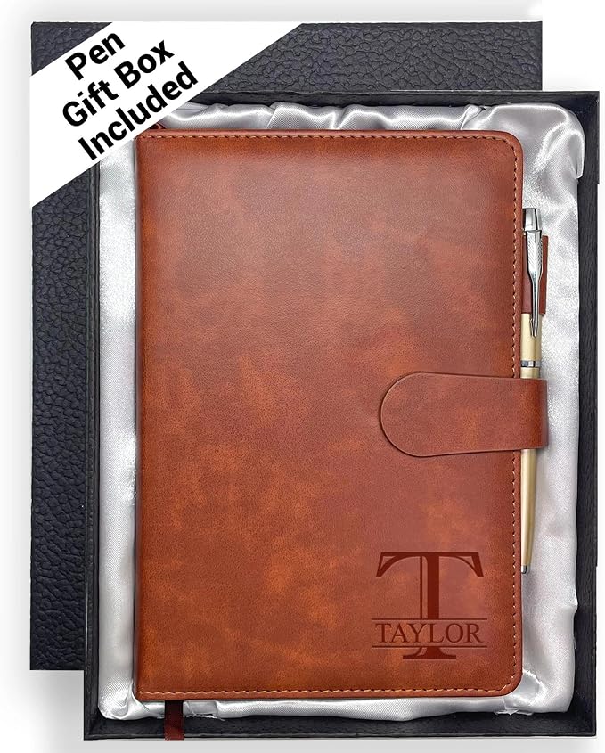 Personalized Notebook with Gifts Box and Pen, Monogrammed Leather Journal, Custom Gifts for Women, Men, Engraved Journals To Write In, Birthday, Graduation, Father’s Day, Corporate, Business Gift