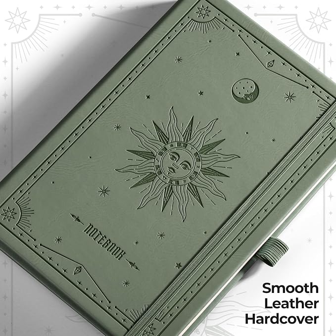 EMSHOI A5 College Ruled Notebook, 320 Numbered Pages 100GSM Ink-Proof Faux Leather Hardcover Lay-Flat Lined Journal for Work Office School Writing, SUN Design, Small 5.75" x 8.38", Green