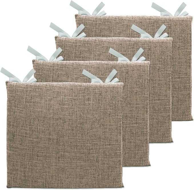 Lifup 4 Pack Chair Cushion Memory Foam Pads, Square Non-Slip Thick Dining Chair Cushions with Ties and Removable Cover for Home Office Restaurant Chair Pads Brown 16 x 16 Inch