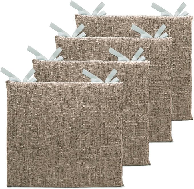 Lifup 4 Pack Chair Cushion, Square Dining Chair Pads Brown 18 x 18 Inch | Memory Foam Pads, Non-Slip, Thick, Removable Cover with Ties, Seat Cushions for Kitchen Chairs, Home Office Restaurant