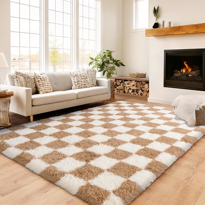 Checkered Rug for Bedroom 5x7, Ultra Fluffy Fuzzy Shag Area Rugs for Living Room, Anti-Skid Indoor High Pile Soft Rug Carpet for Living Room Bedroom Kids Room Nursery, Dorm Home Decor, Cream & Camel