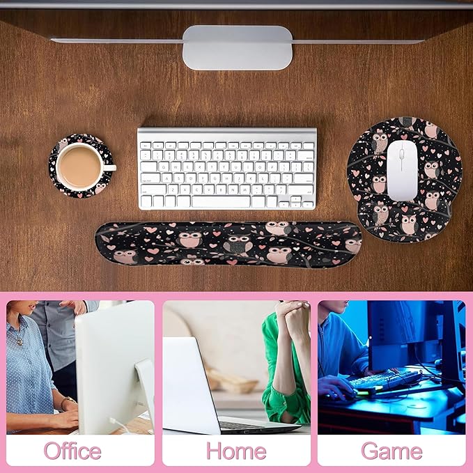 Cute Owl Pink Heart Keyboard Wrist Rest Pad Mouse Pad Set,Ergonomic Mousepad Wrist Support Memory Foam Desk Pad for Gaming Office,Non-Slip Rubber Base Easy Typing for Home Office Computers
