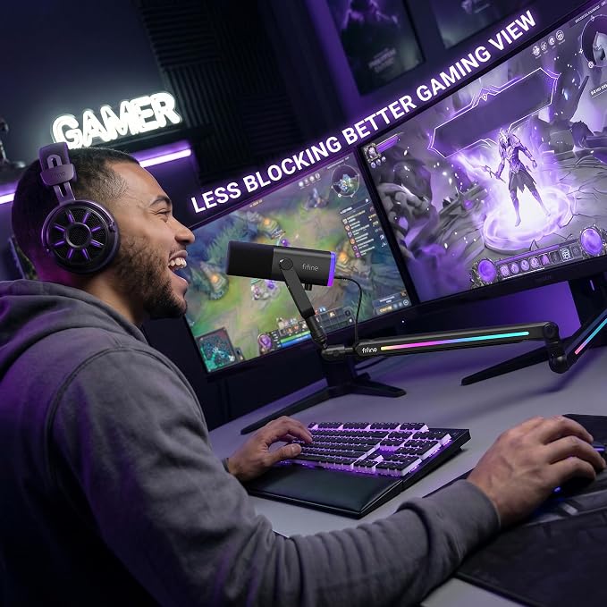 FIFINE Microphone Boom Arm with Controllable RGB, Adjustable Low Profile Mic Stand with Desk Mount Clamp,Cable Management, Screw Adapter for Gaming, Podcast, Streaming, Studio-BM88Pro