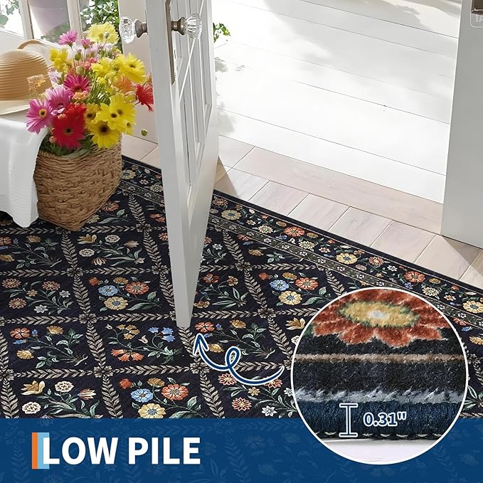 GarveeHome Grey Floral Rug 4x6 Rug Machine Washable Area Rug for Living Room Farmhouse Floral Low Pile for Dining Room, Bedroom Indoor Foldable Non-Slip Navy&Black RV
