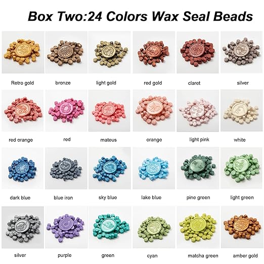 Upgraded Wax Seal Stamp Kit,Wax Seal Kit with Storage Box,48 Color 1200 Pcs Sealing Beads with 4 Pcs Seal Stamps,Warmer,Spoon,Envelopes, Candles, Metallic Pen for Wedding Invitation,DIY Crafts