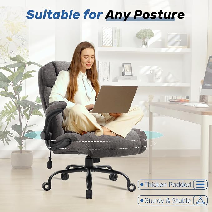 550LBS Big and Tall Office Chair, Comfy Heavy Duty Executive Chair with Adjustable Lumbar Support Double Spaces Casters, Fabric Extra Wide Seat Ergonomic Computer Desk Chair for Back Pain,Greycloth