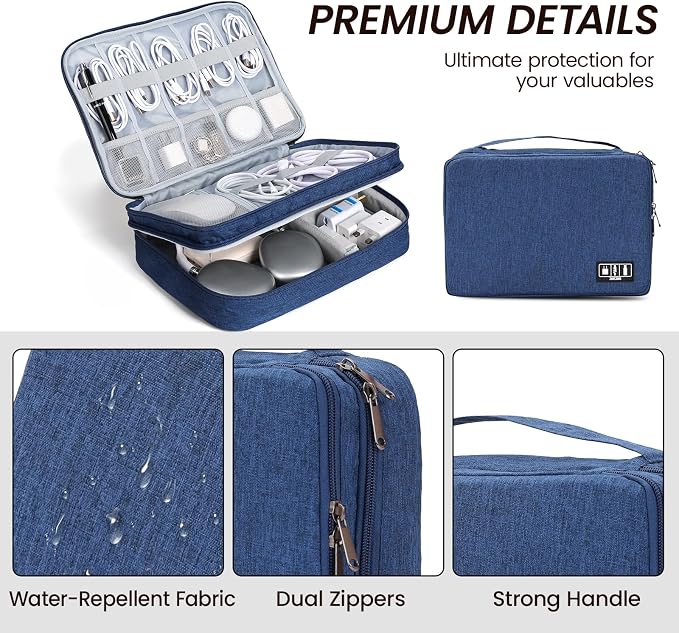 Large Electronic Organizer Travel Case, Double Layer Tech Accessories Bag with 3 DIY Adjustable Dividers, Waterproof Padded Cable Storage Pouch for Camera Gear, Power Bank, Hard Drive, Mouse
