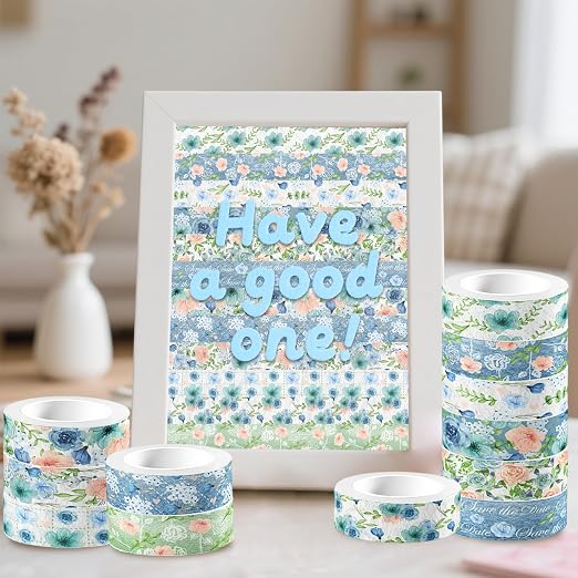 12 Rolls Floral Washi Tape, Blue Rose Flower Masking Tape, Spring Vintage Blue Pink Floral Decorative Tapes for DIY Craft Scrapbooking Journals Planners Gift Wrapping Birthday Party Decor 16.4FT