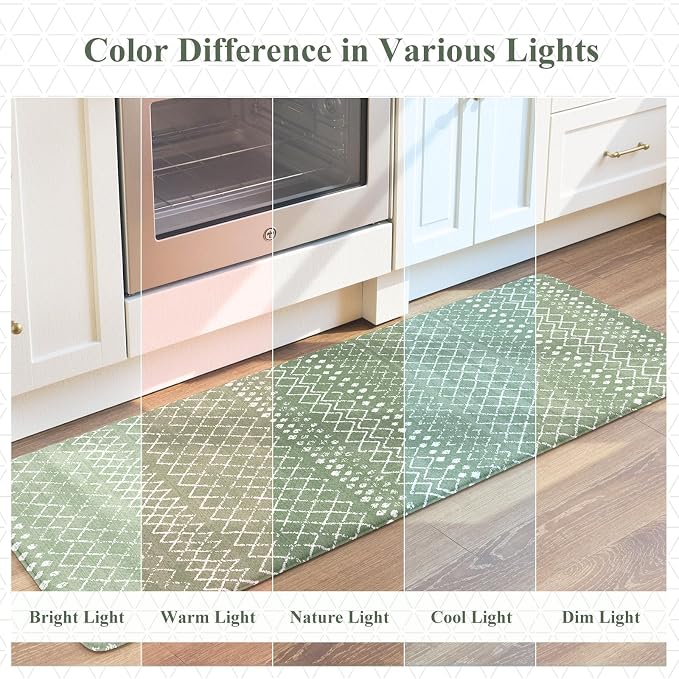 KIMODE Kitchen Anti Fatigue Mats, Green Farmhouse Kitchen Rugs Sets of 2, Memory Foam Kitchen Mats for Floor, Waterproof Standing Mat for Sink Laundry Office Desk 20"x47"+20"x32"