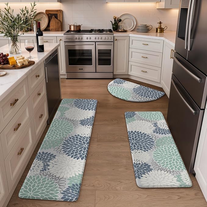 KIMODE Half Circle Anti Fatigue Mats for Kitchen Floor Rug Sets of 3 | 18"x28+18"x47"+18"x59",Cyan Dahlia Floral Boho,Half Round,3PCS,Non Slip,Waterproof,for Sink Office Laundry Bathroom Decor