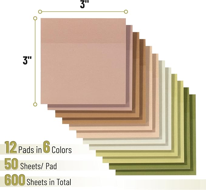 Mr. Pen- Sticky Notes, 3”x3”, 12 Pads, 600 Sheets, Dark and Earthy Colors | Sticky Notes Bulk, Self-Stick Note Pads, Perfect for Office, School, Home, Study & Organization