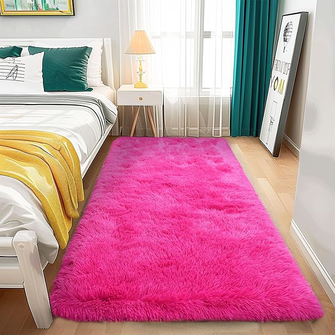 Awaytail Fluffy Rug Runners 2x6, Super Soft Hot Pink Bedside Rug, Runner Rug for Bedroom Girls, Non-Slip Rug Hallway Decor