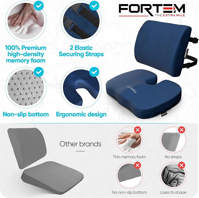 FORTEM Seat Cushion, Office Chair Cushion, Lumbar Support Pillow for Office Chair, Memory Foam Car Seat Cushions, Sciatica Coccyx Tailbone Pain Relief, Cushions for Back Support, Washable, Non Slip XL