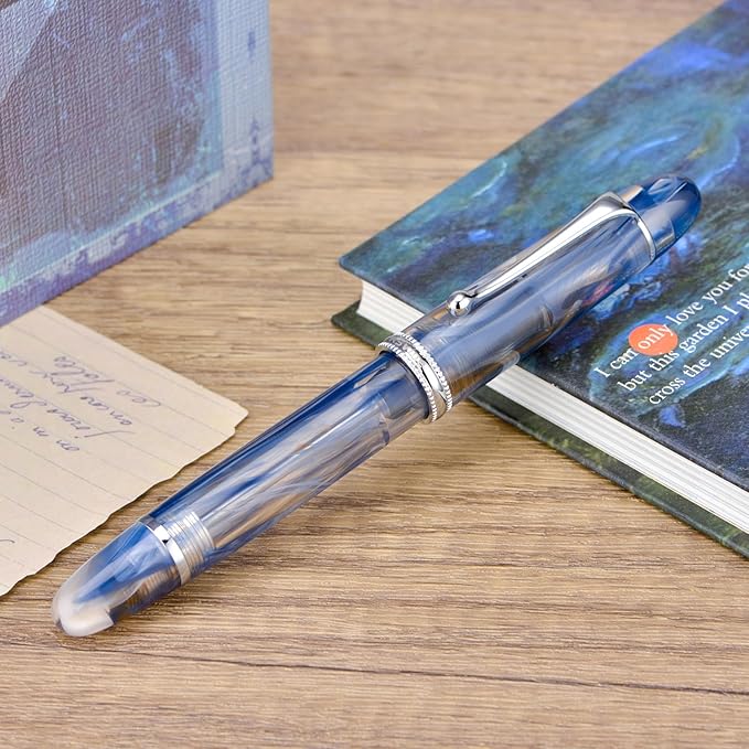 Asvine V800 Fountain Pen – Vacuum Filling System with Large Ink Capacity – Smooth Number 8 Fine Nib with Gift Case and Wrench – Blue Brown