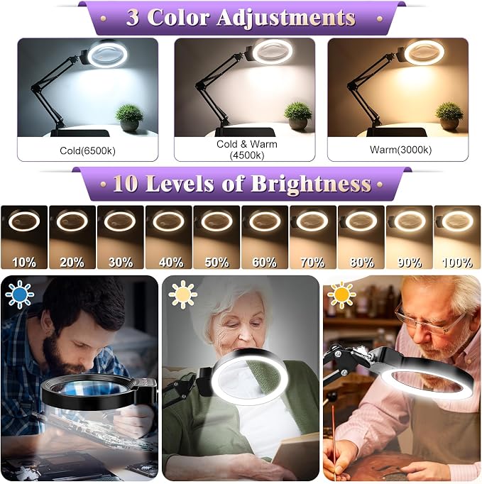 10X 30X Large Magnifying Glass with Light and Stand, 5-inch Lighted Magnifier, 72 LED 3 Color Modes Stepless Dimmable, Hands-Free Magnifying Glass Desk Lamp for Reading Craft Hobby Close Work Black