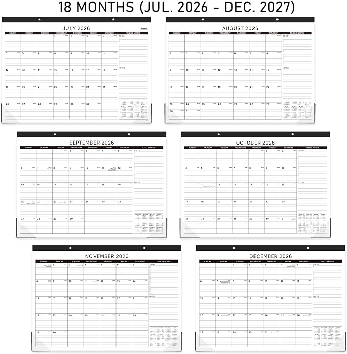 Desk Calendar 2026-2027 - 18 Months Desk Calendar 2026-2027, Jul 2026 - Dec 2027, 2026-2027 Calendar with 17" x 12" Thick Paper, Twin-Wire Binding & Hanger, Julian Dates
