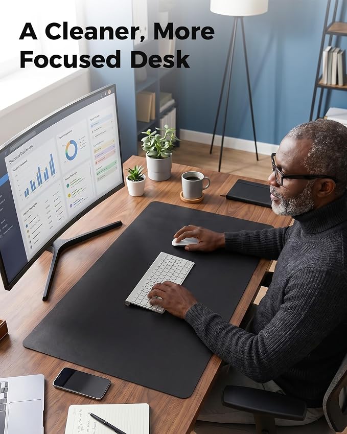 Aothia Dual-Sided Desk Pad - 35.4 x 15.7 inches Leather Desk Mat, Natural Cork Desk Pad Protector, Large Mouse Pad for Desk, Waterproof Desk Blotter Pad, Desk Writing Pad for Office Work/Home, Black