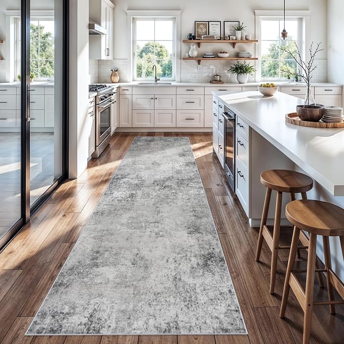 3x14ft Washable Runner Rug for Hallway: Modern Non Slip Wide Carpet for Kitchen Entryway Bathroom - Extra Long Soft Throw Floor Mat Neutral Low Pile Accent Rugs for Boho Home Decor (3x14 Grey)