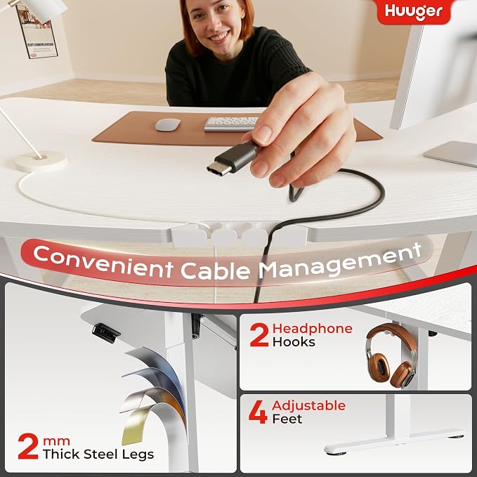 Huuger Electric Standing Desk with Power Outlets and USB-C Port, 39 X 24 Inch Height Adjustable Desk, Sit Stand Desk for Home Office, Computer & Gaming Desk with 4 Presets, Stable Steel Frame, White