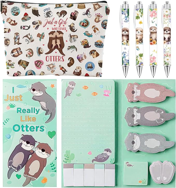 Funny Otter Gifts for Women, Cute Cartoon sea Otter Sticky Notes Set, Christmas Sea Animal Themed Makeup Bag & 4 Cute Otter Ballpoint Pens, Back to School Office Small Birthday Gift for Girls