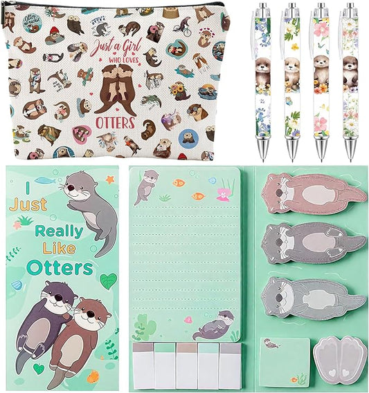 Funny Otter Gifts for Women, Cute Cartoon sea Otter Sticky Notes Set, Christmas Sea Animal Themed Makeup Bag & 4 Cute Otter Ballpoint Pens, Back to School Office Small Birthday Gift for Girls
